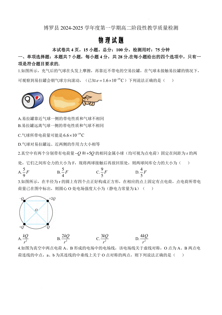 广东省惠州市博罗县2024-2025学年高二上学期11月期中物理Word版_第1页