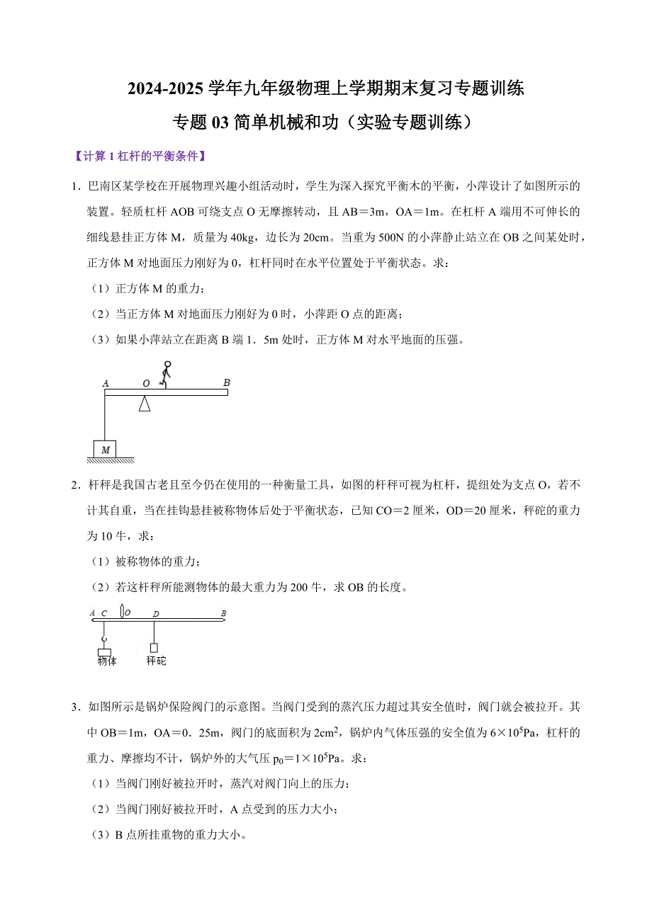 专题03 简单机械和功（实验专题训练）-2024-2025学年九年级物理上学期期末复习专题训练（苏科版）_第1页