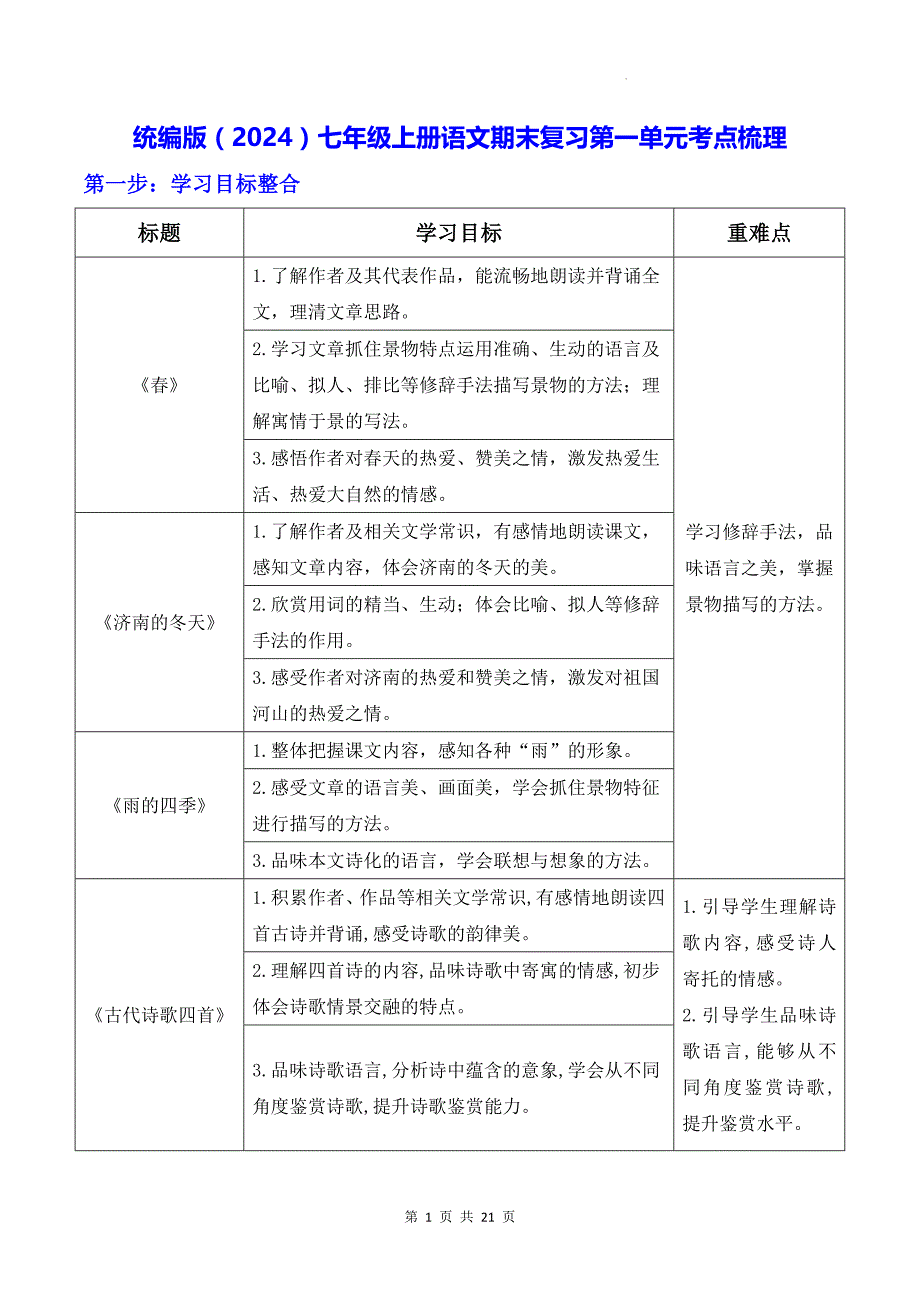 统编版（2024）七年级上册语文期末复习第一单元考点梳理（含练习题及答案）_第1页