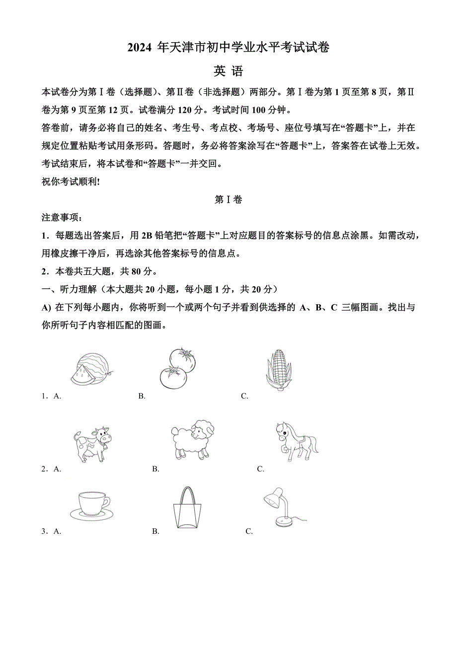 2024年天津市中考英语真题(解析版)_第1页