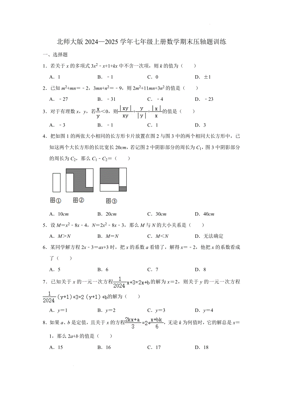 【数 学】2024—2025学年北师大版七年级上册数学期末压轴题训练_第1页