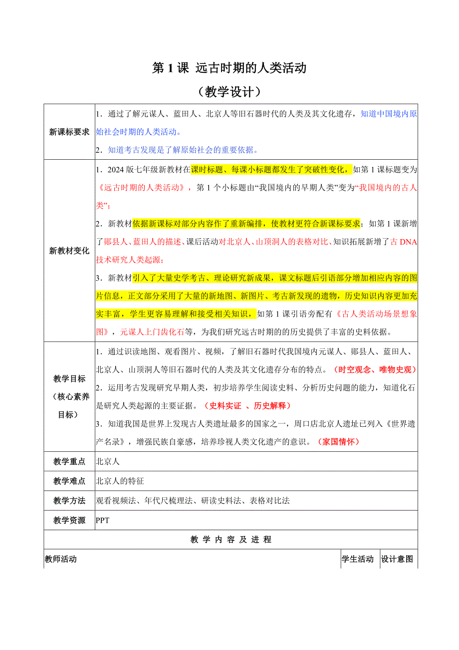 第1课 远古时期的人类活动（教学设计）-（统编版2024）_第1页