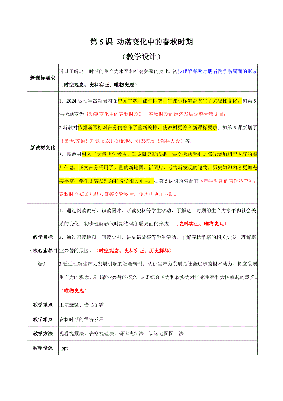 第5课 动荡变化中的春秋时期（教学设计）-（统编版2024）_第1页