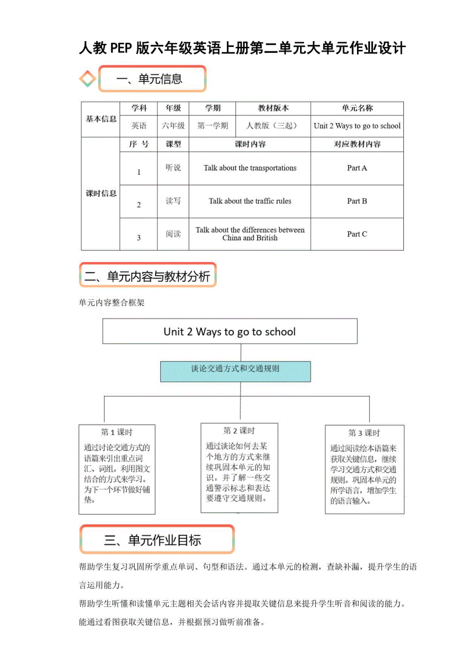 人教PEP版六年级英语上册第二单元大单元作业设计_第1页