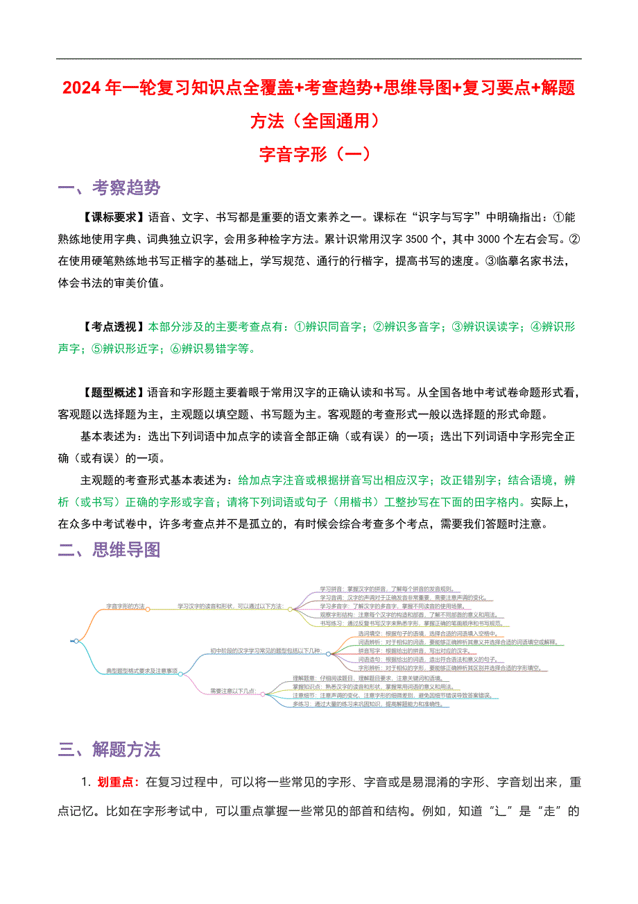 中考语文一轮复习 知识梳理+解题方法专题01 字音字形_第1页