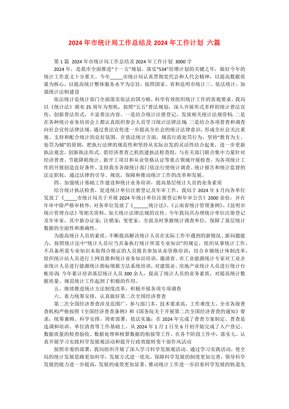 2024年市统计局工作总结及2024年工作计划 六篇_第1页