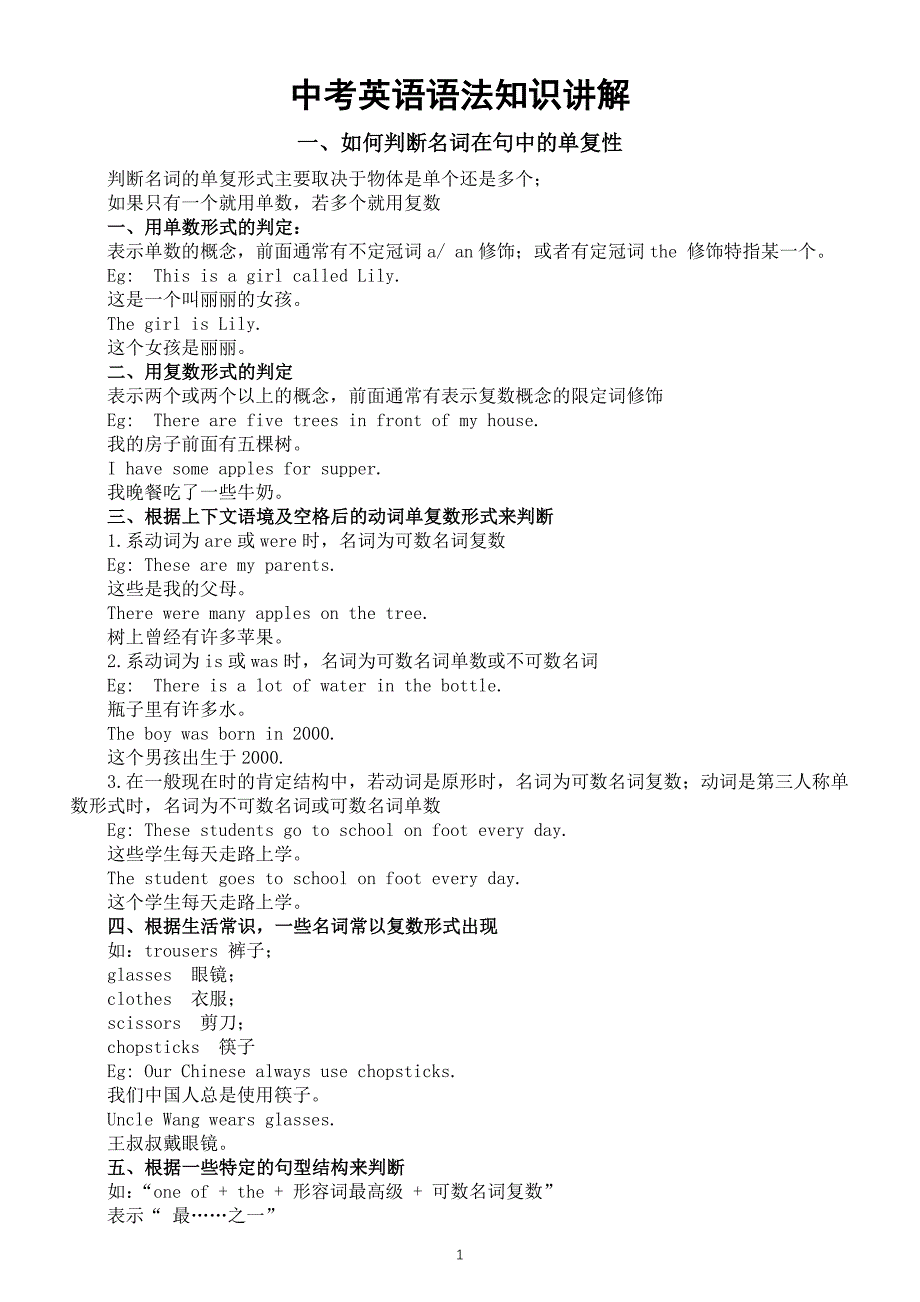 初中英语2024届中考语法知识讲解系列0415（如何判断名词在句中的单复性+名词的格）_第1页