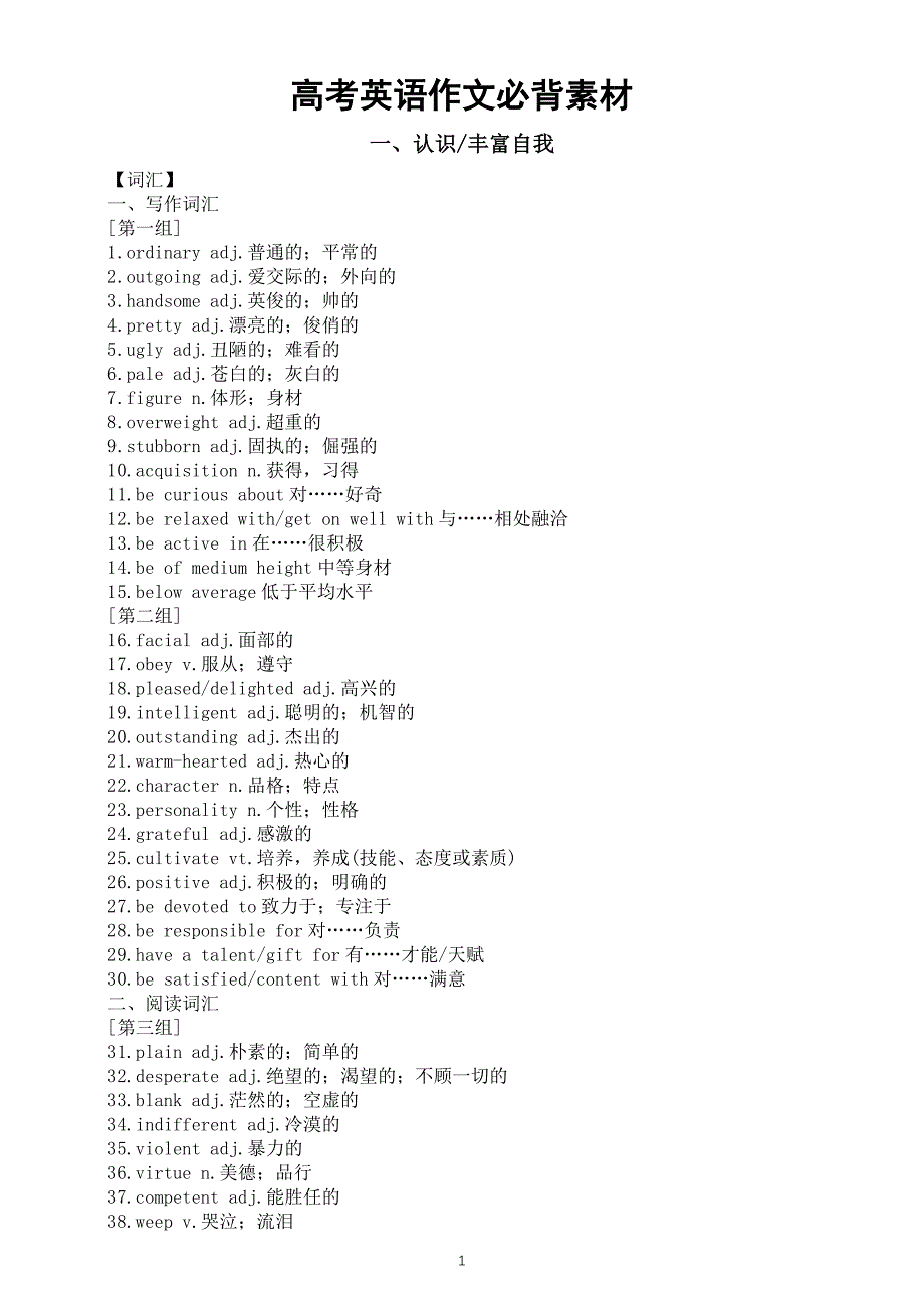 高中英语2024届高考作文必背素材（词汇+句型+范文）（认识丰富自我+健康积极的生活方式和态度+个人、家庭、社区和学校生活）_第1页