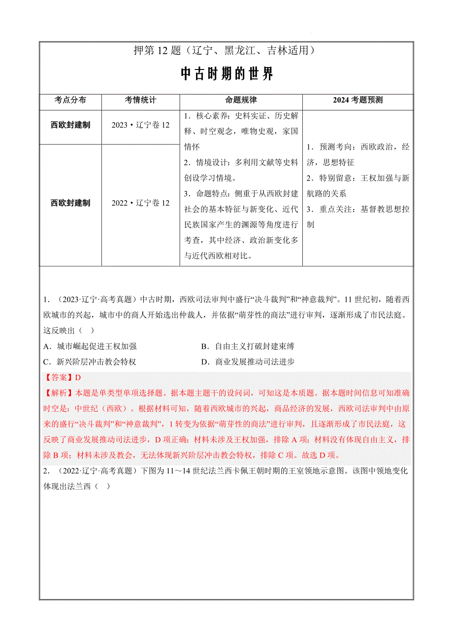 备战2024年高考历史临考题第12题 中古时期的世界（解析版）_第1页