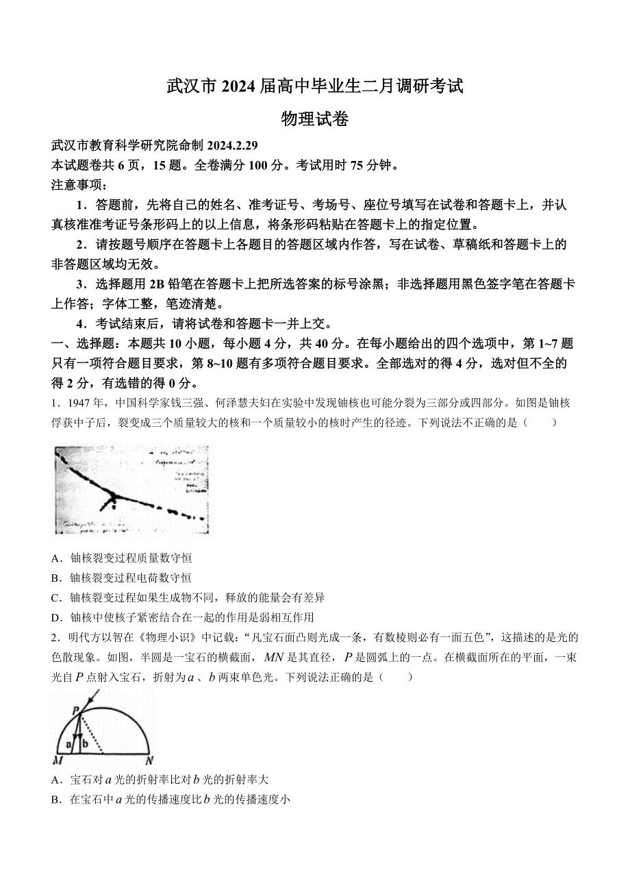 2024届湖北省武汉市高三下学期二月调研物理试题及答案_第1页