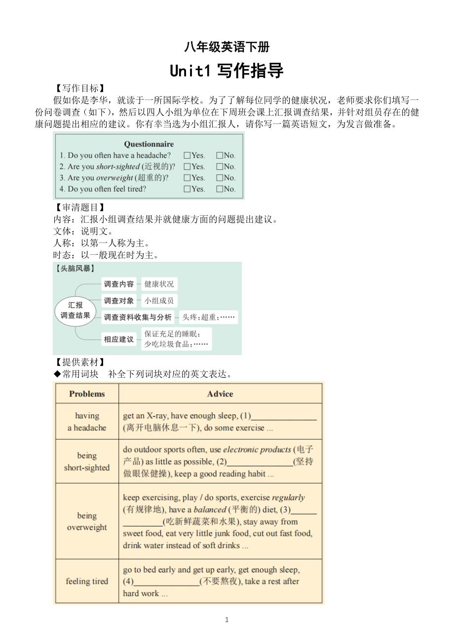 初中英语人教新目标八年级下册Unit 1写作指导_第1页