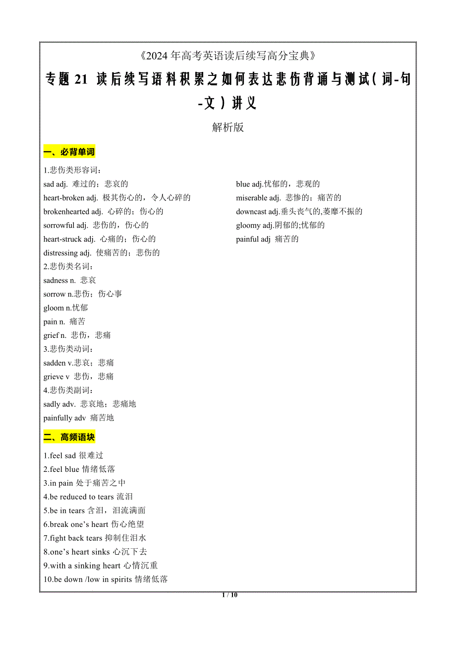 2024年高考英语读后续写高分21 读后续写语料积累之如何表达悲伤背诵与测试 解析版_第1页