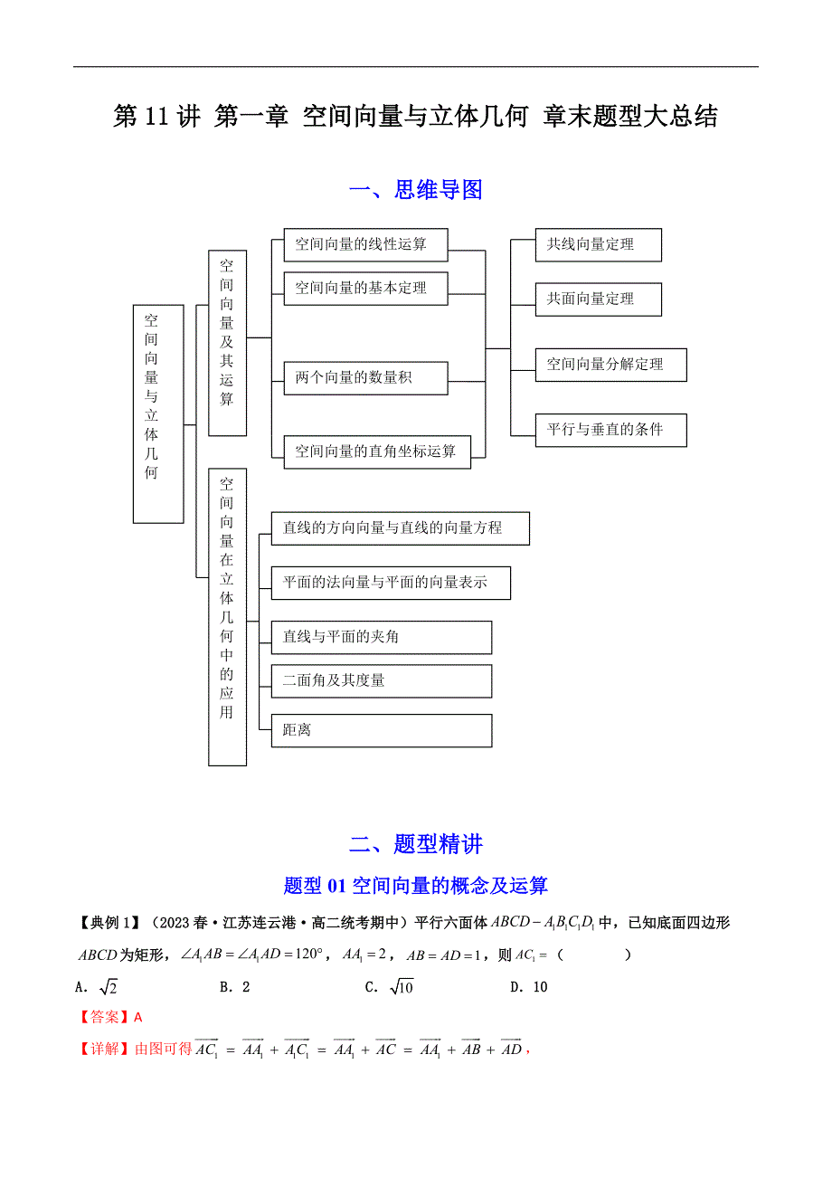 人教A版高中数学（选择性必修一）同步讲义第11讲 第一章 空间向量与立体几何 章末重点题型大总结（教师版）_第1页