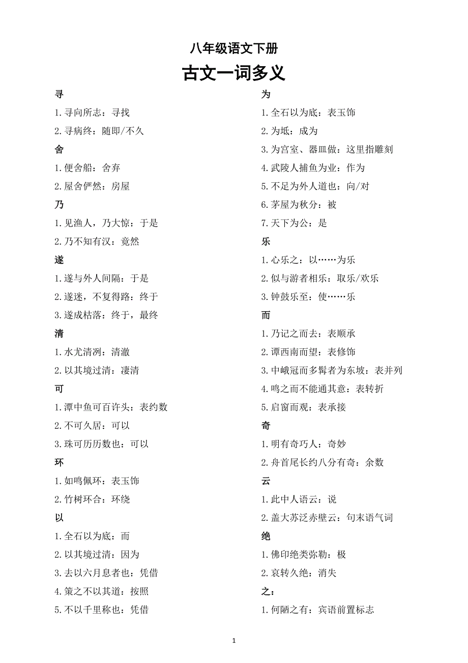初中语文部编版八年级下册古文一词多义归纳汇总_第1页