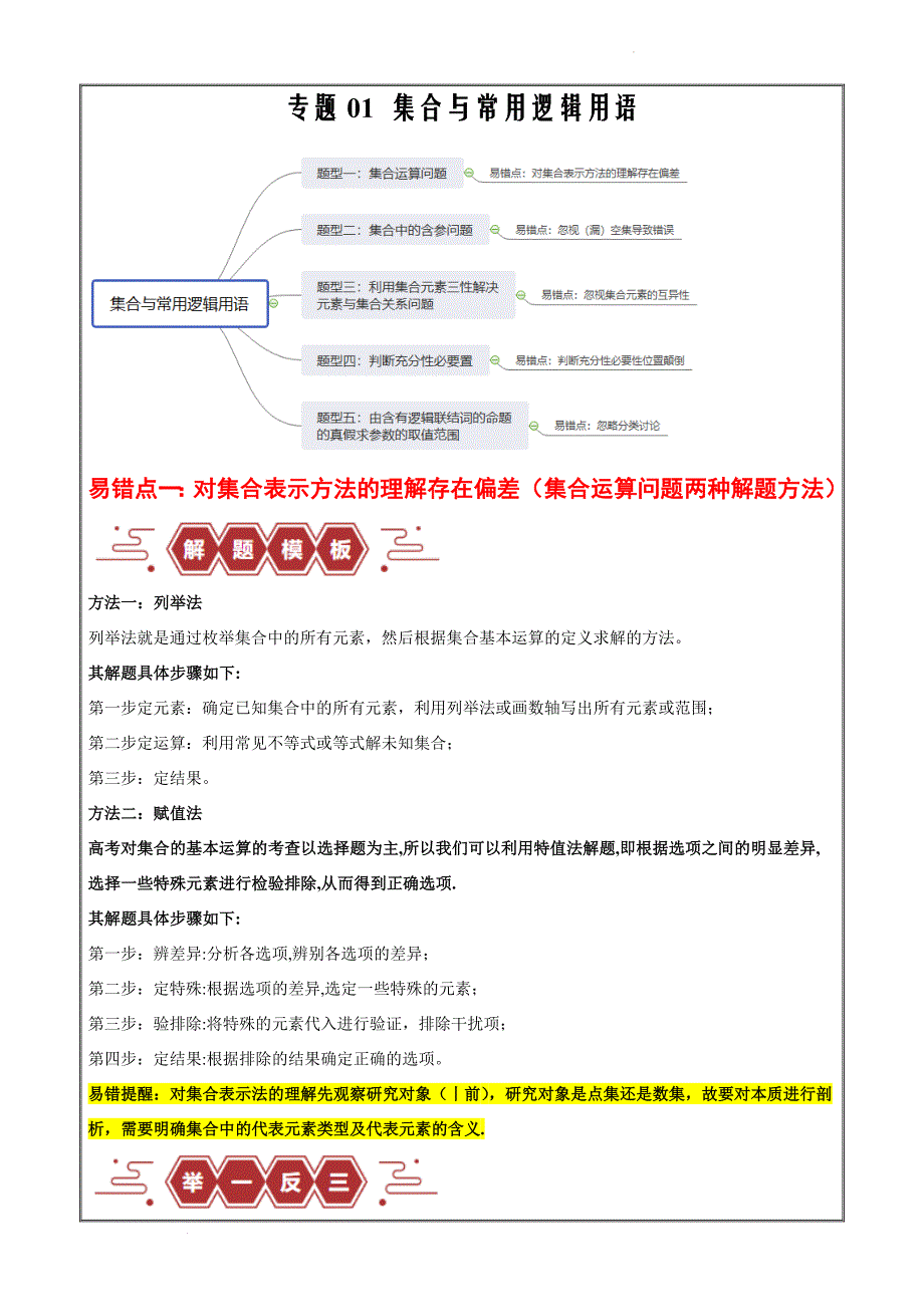 备战2024年新高考数学易错题1 集合与常用逻辑用语（5大易错点分析+解题模板解析版）_第1页