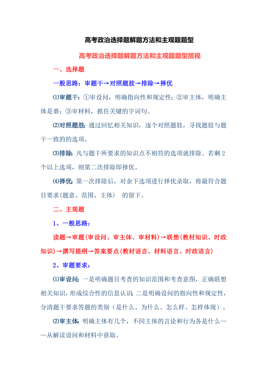 高考政治选择题解题方法和主观题题型_第1页
