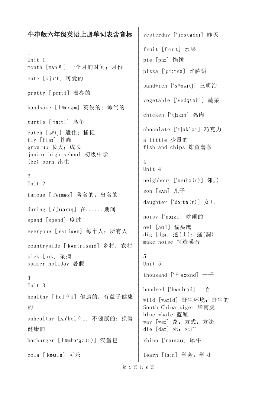 牛津版六年级英语上册单词表含音标_第1页