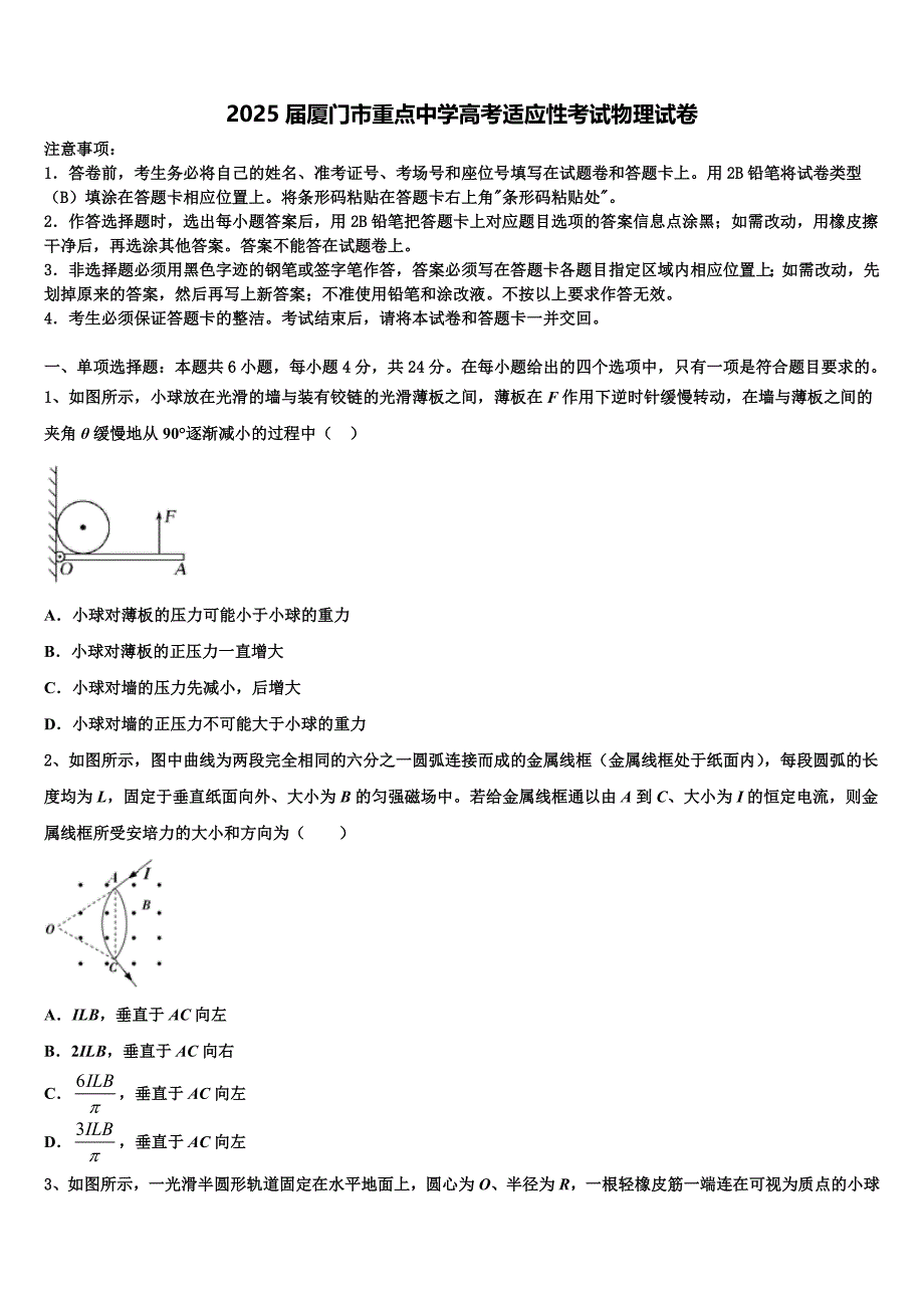 2025届厦门市重点中学高考适应性考试物理试卷含解析_第1页