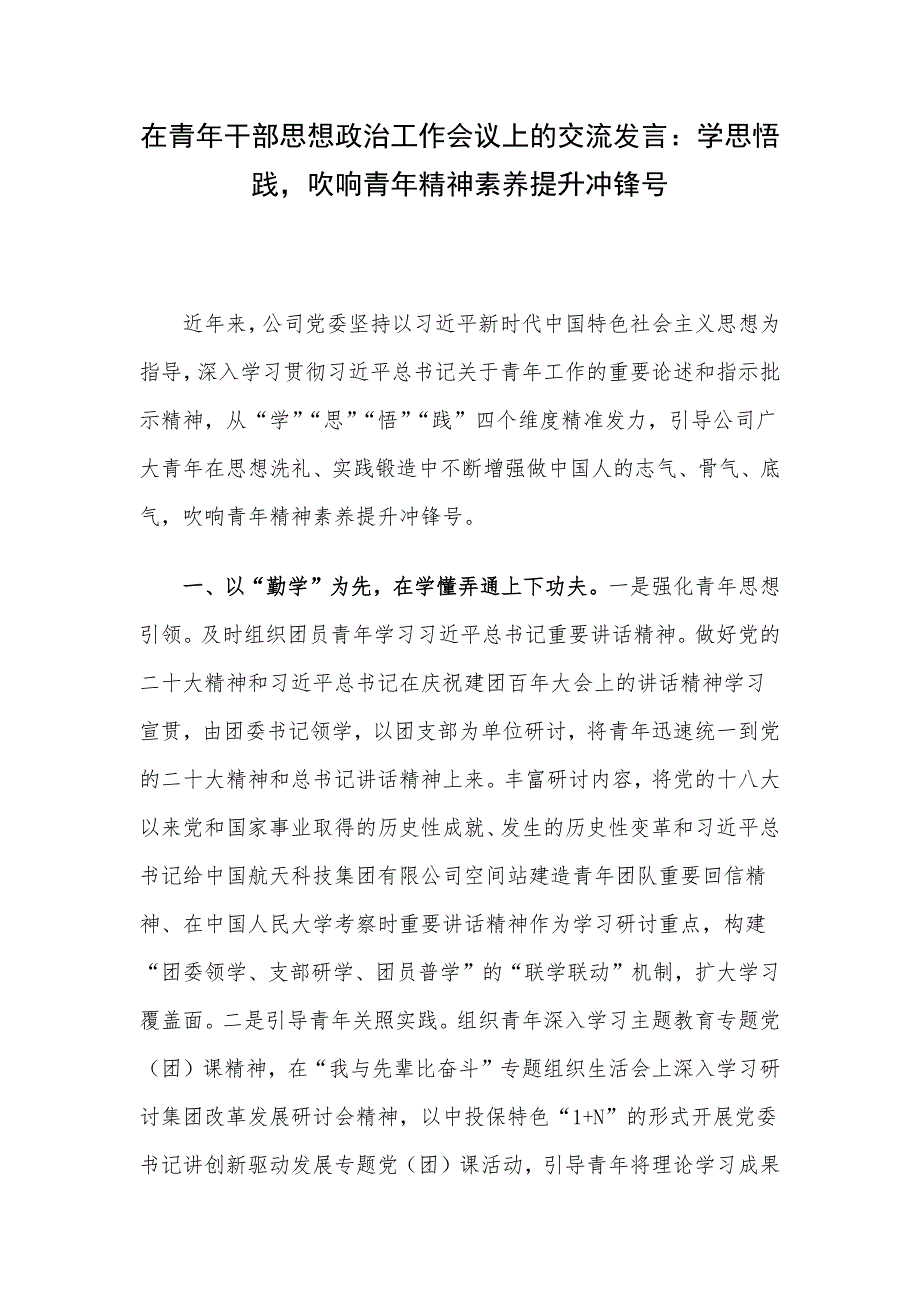 在青年干部思想政治工作会议上的交流发言：学思悟践吹响青年精神素养提升冲锋号_第1页
