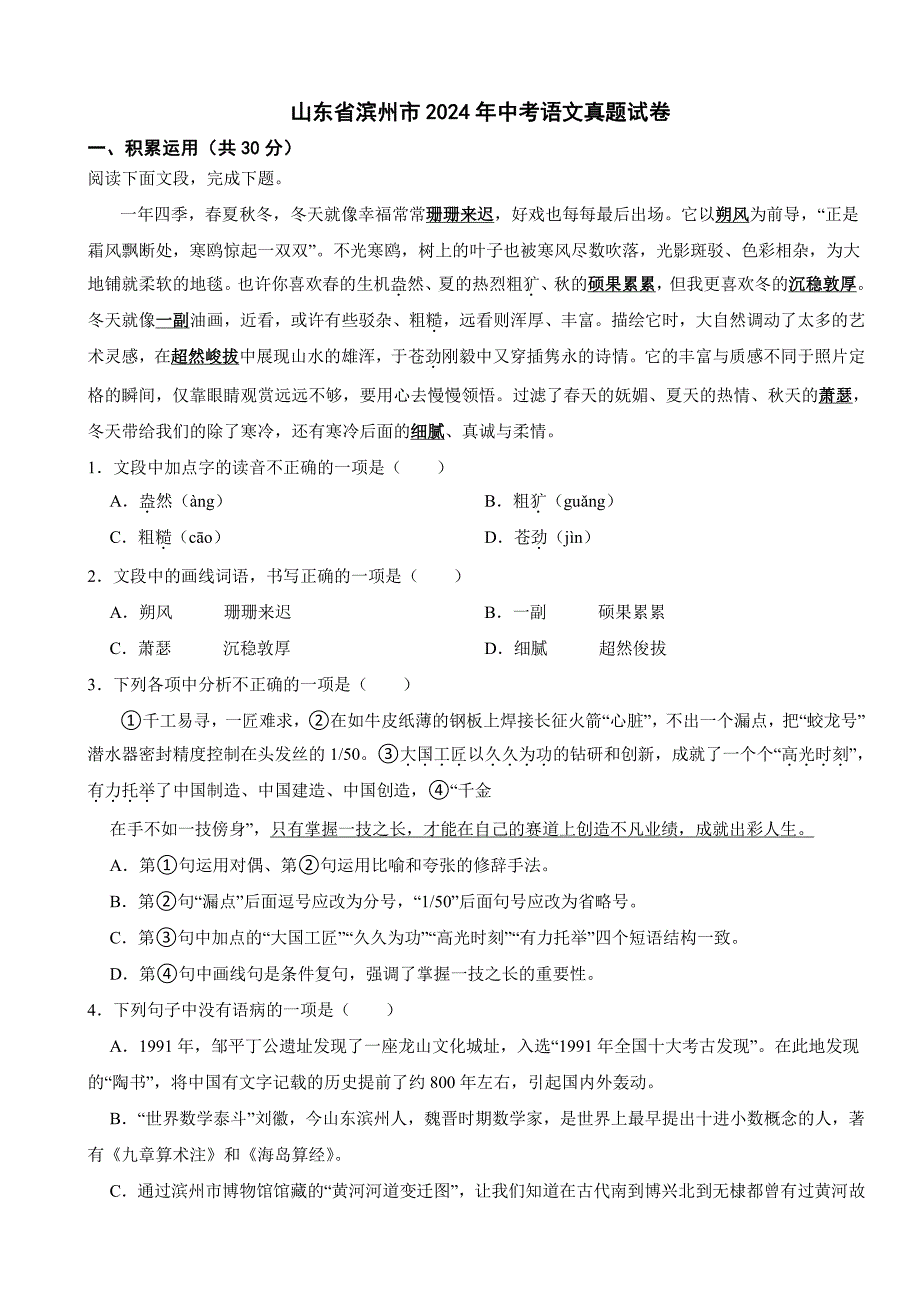 山东省滨州市2024年中考语文真题试卷【附参考答案】_第1页