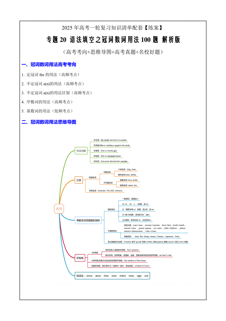 专题20 语法填空之冠词数词用法100题（练案）解析版_第1页