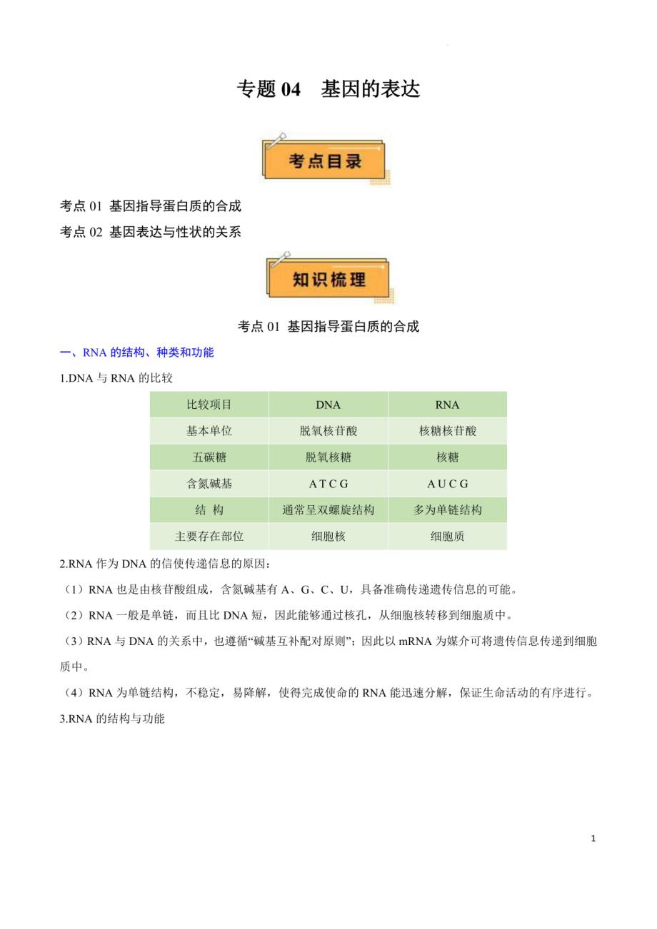2024年高中生物学业水平考试考点归纳：基因的表达_第1页