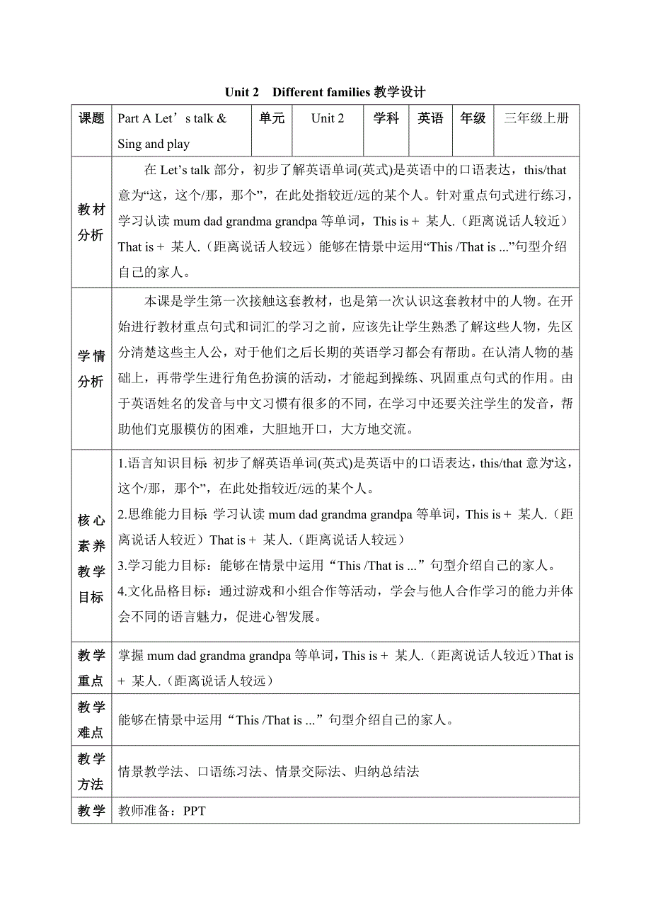 人教版PEP小学英语三年级上册Unit 2 A Let’s talk核心素养教学设计_第1页