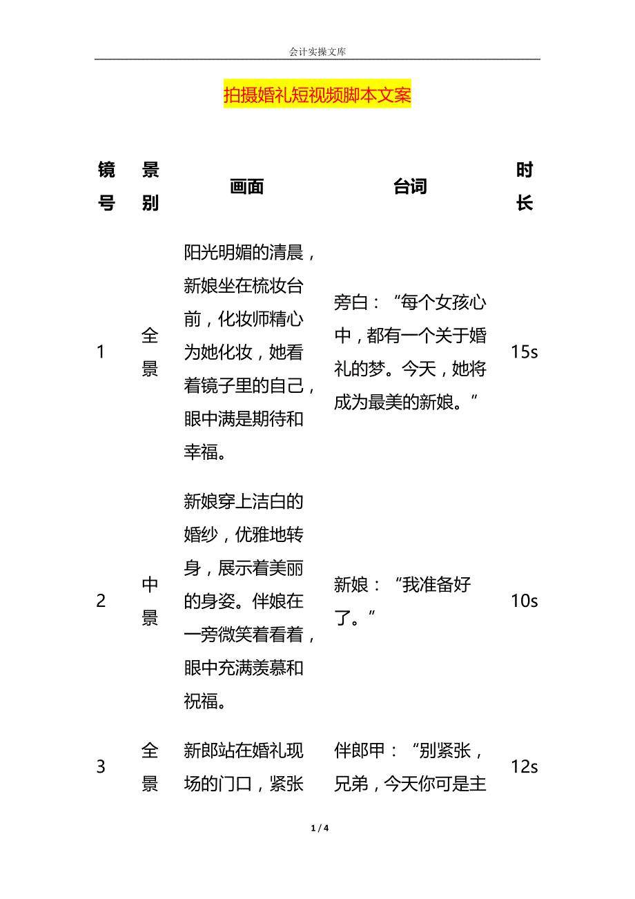 拍摄婚礼短视频脚本文案_第1页