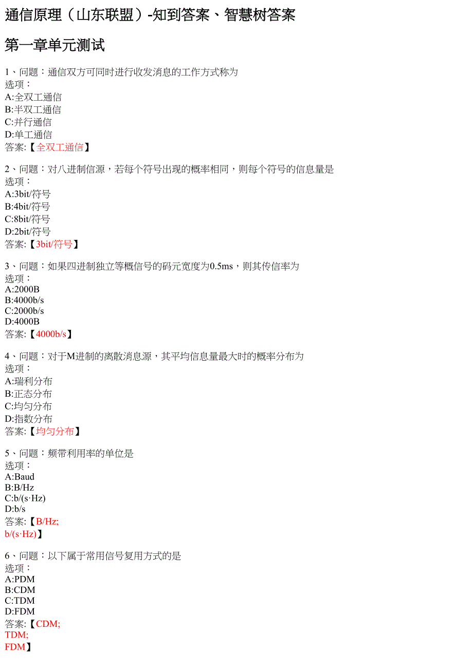 通信原理（山东联盟） 知到智慧树网课答案_第1页