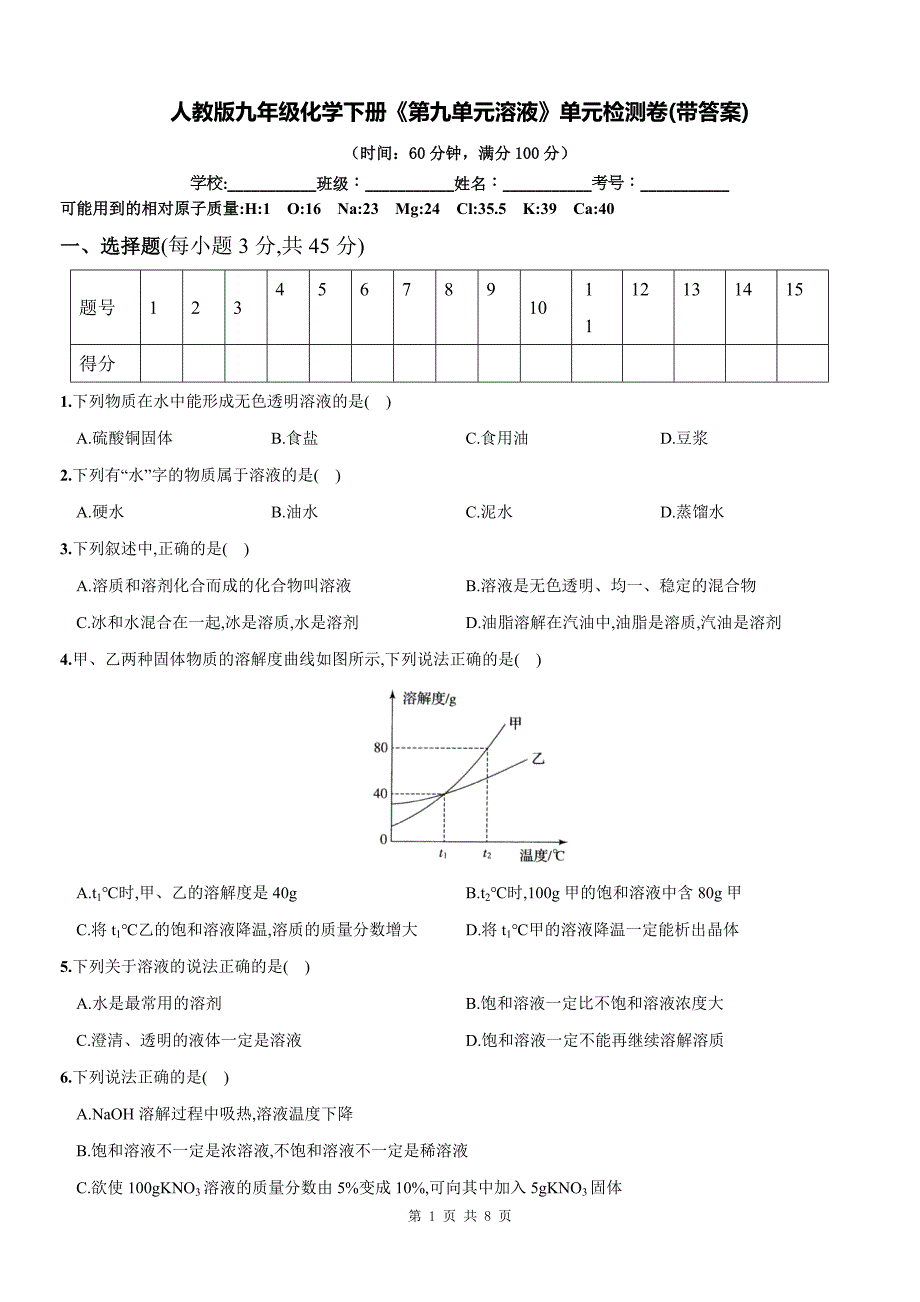 人教版九年级化学下册《第九单元溶液》单元检测卷(带答案)_第1页