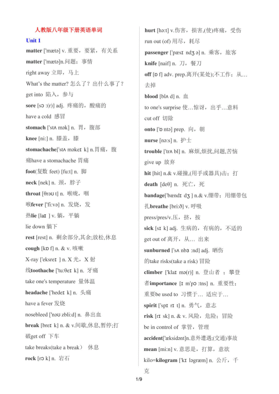 人教版八年级下册英语单词（含音标）_第1页