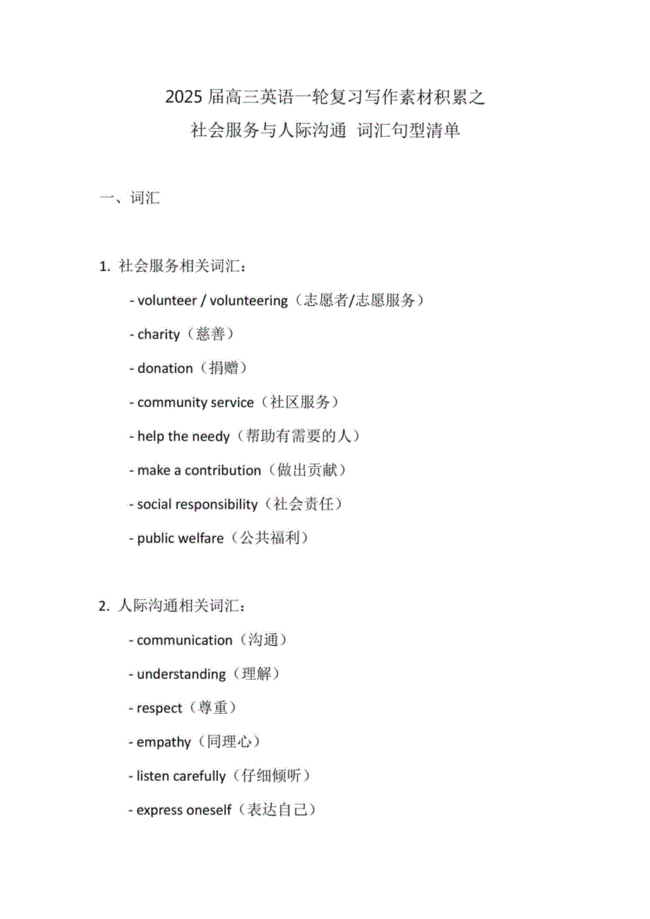 2025届高三英语一轮复习写作素材积累之社会服务与人际沟通+词汇句型清单_第1页
