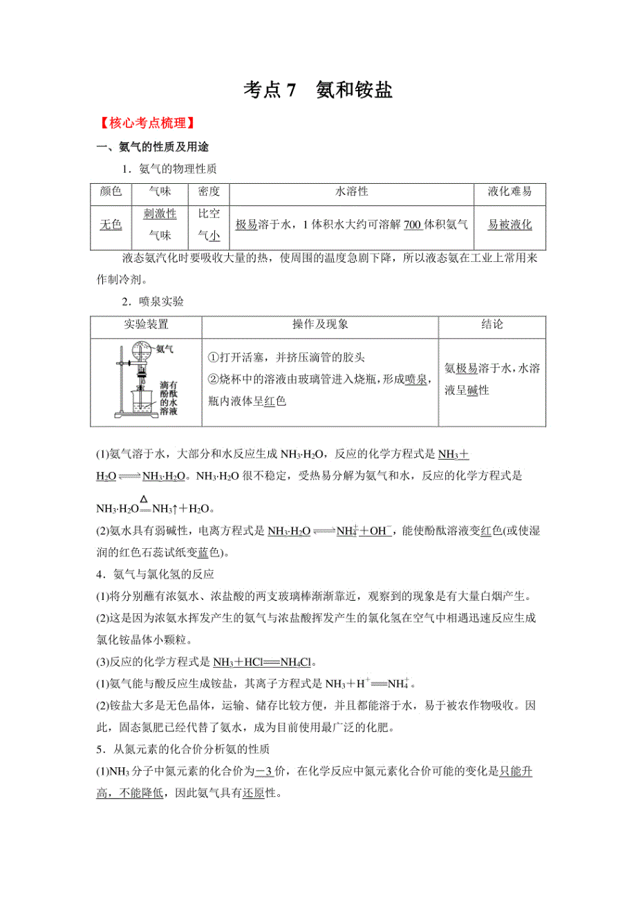 高一化学苏教版2019核心考点归纳与测试考点7氨及铵盐（核心考点归纳）_第1页