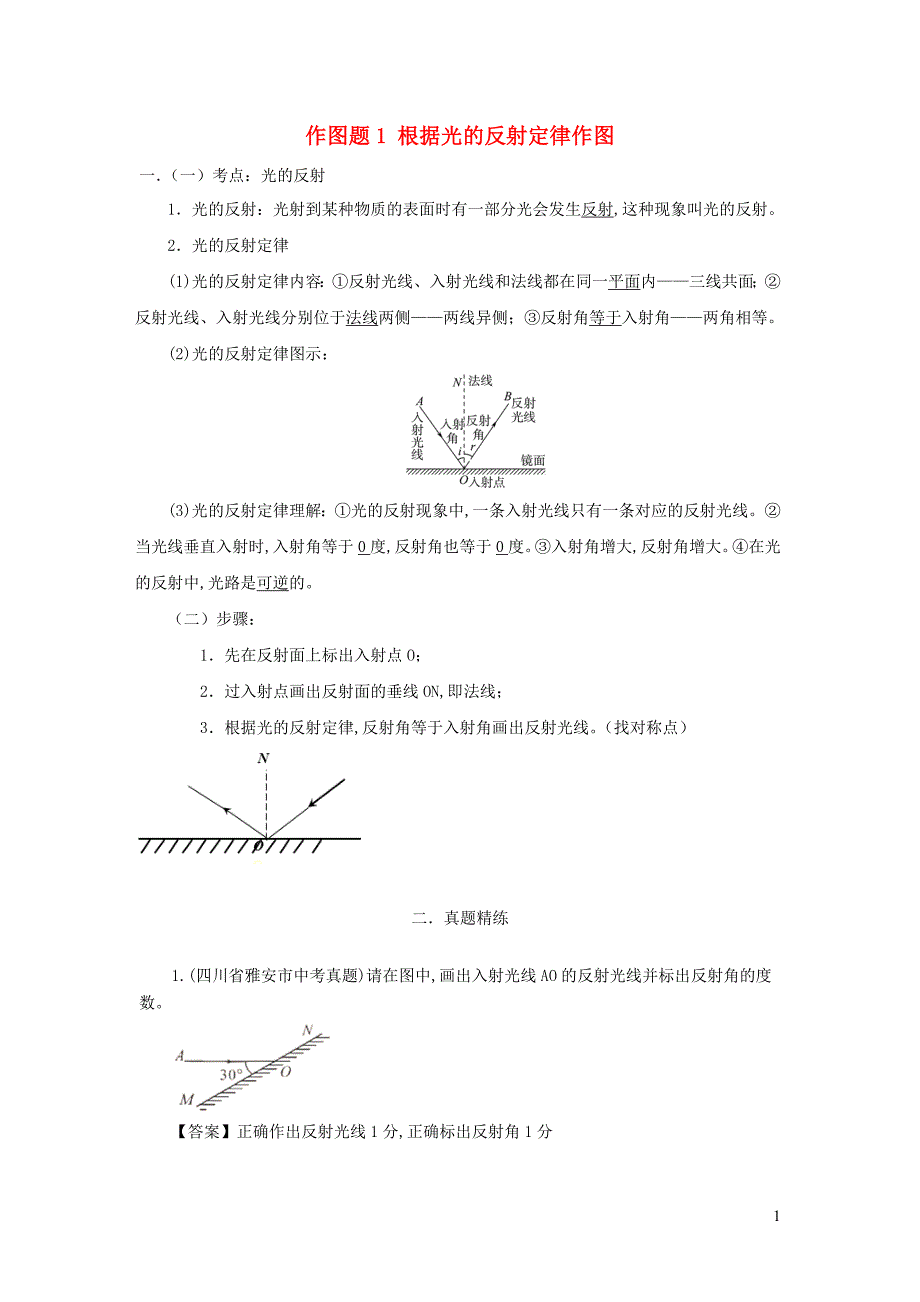 中考物理作图题精练精解作图题1根据光的反射定律作图含解析_第1页