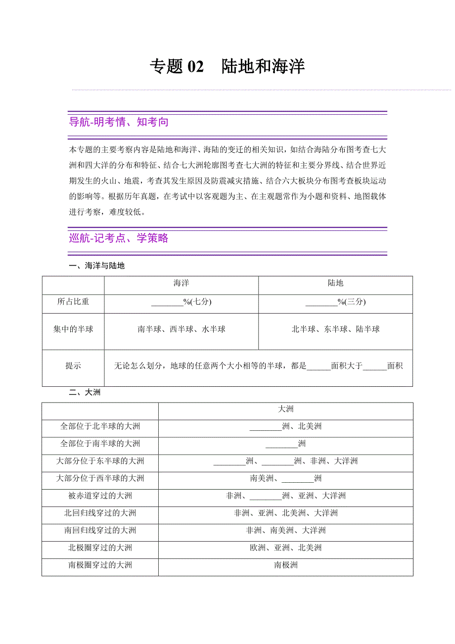 【冲刺中考】专题02陆地和海洋（过专题·提能力）（原卷版）_第1页