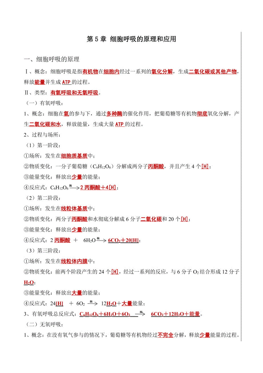 梳理05细胞呼吸的原理和应用（答案版）_第1页