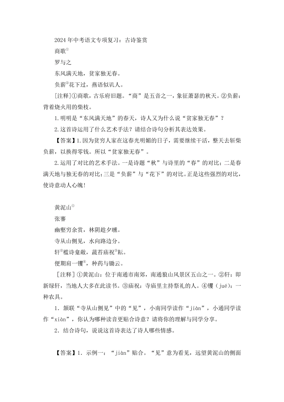 2024年中考语文专项复习：古诗鉴赏_第1页