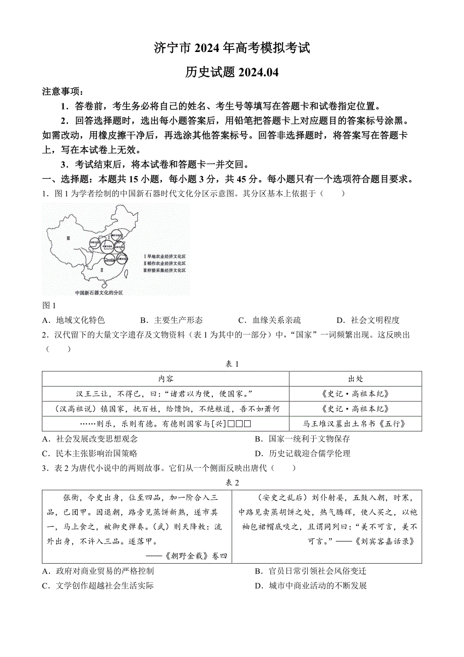 2024年山东省济宁市高三二模卷历史试题及答案_第1页
