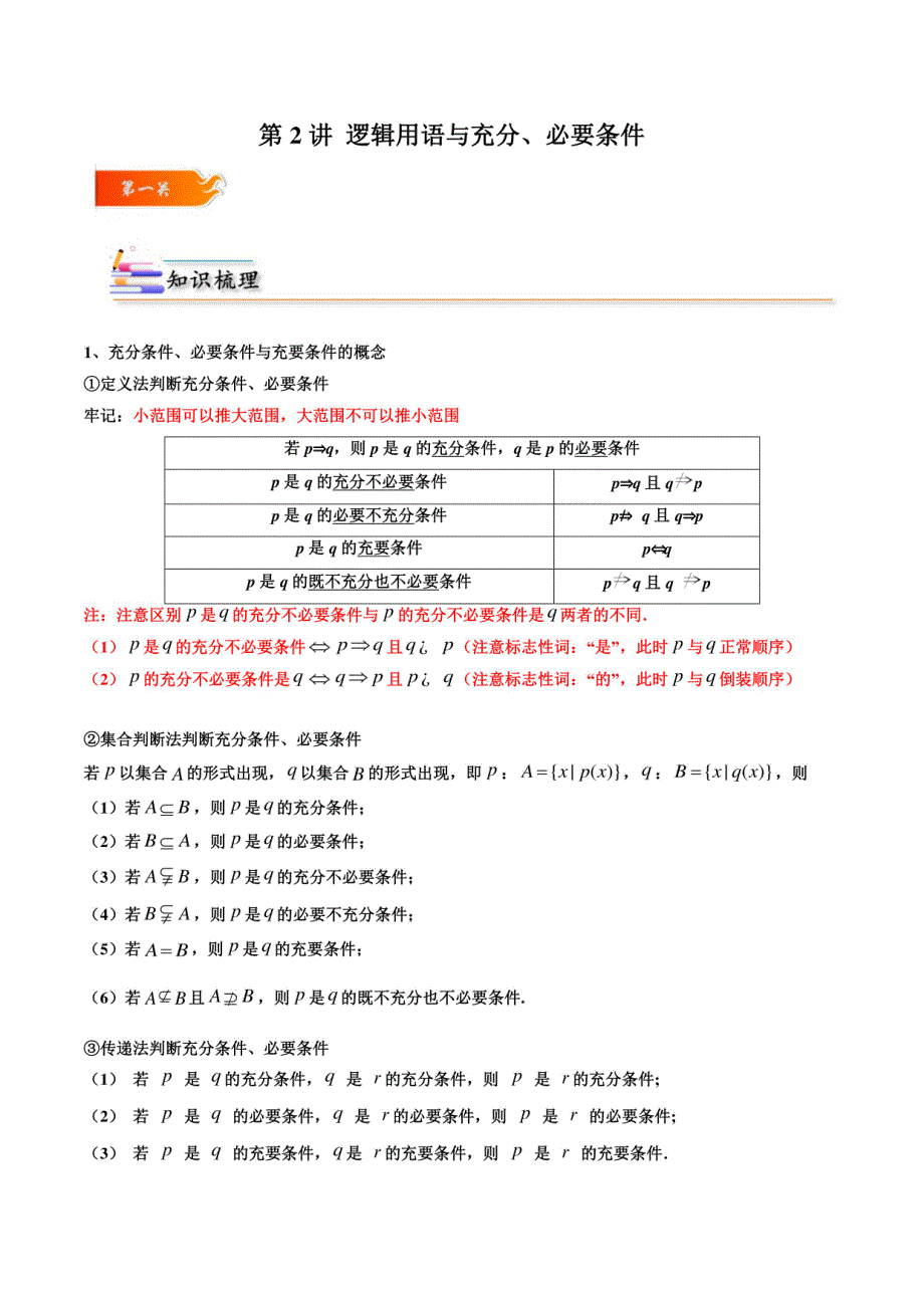 2024年高考数学一轮复习：逻辑用语与充分、必要条件 专项讲义（原卷版+解析）_第1页