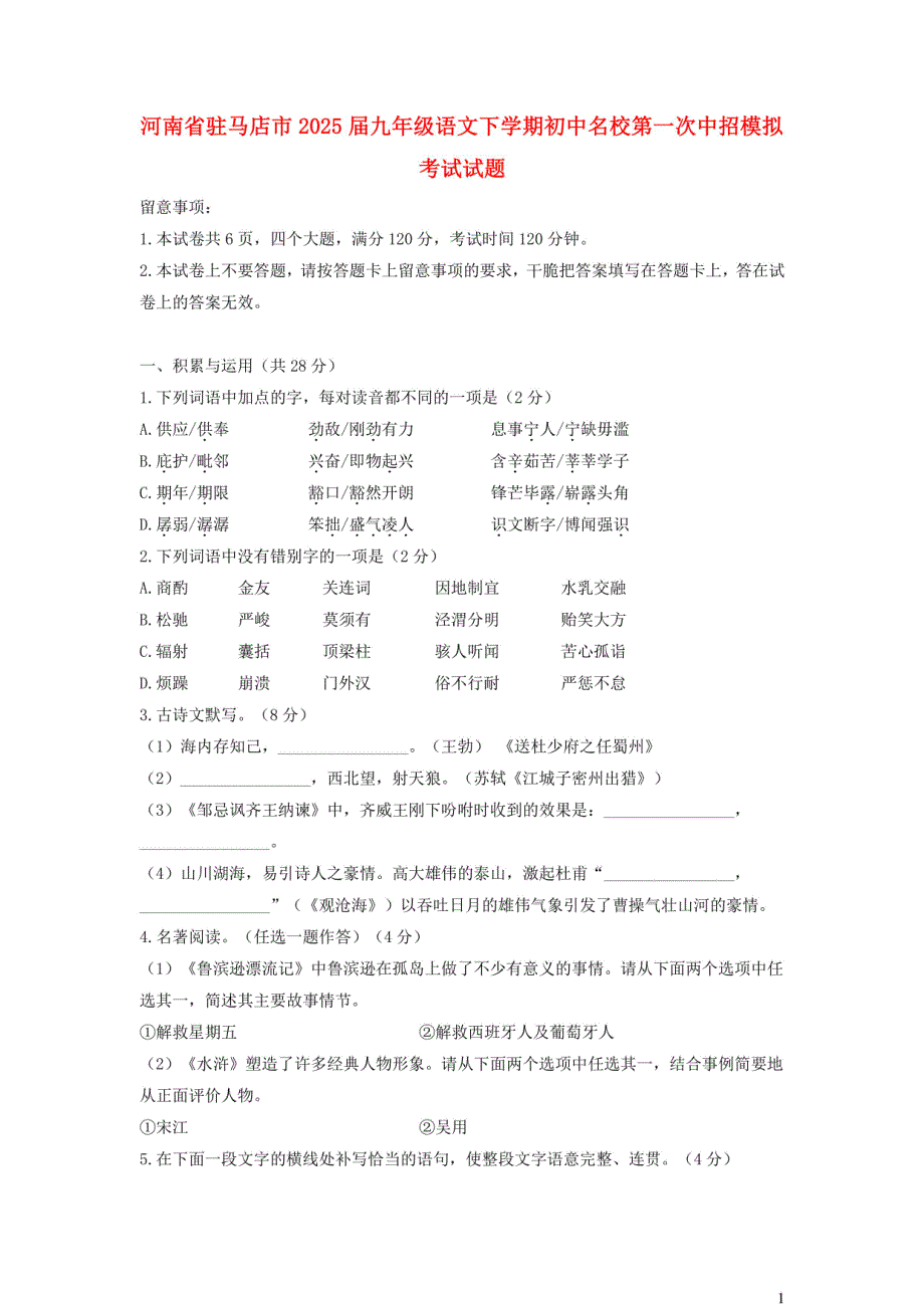 河南省驻马店市2025届九年级语文下学期初中第一次中招模拟考试试题（含解析）_第1页
