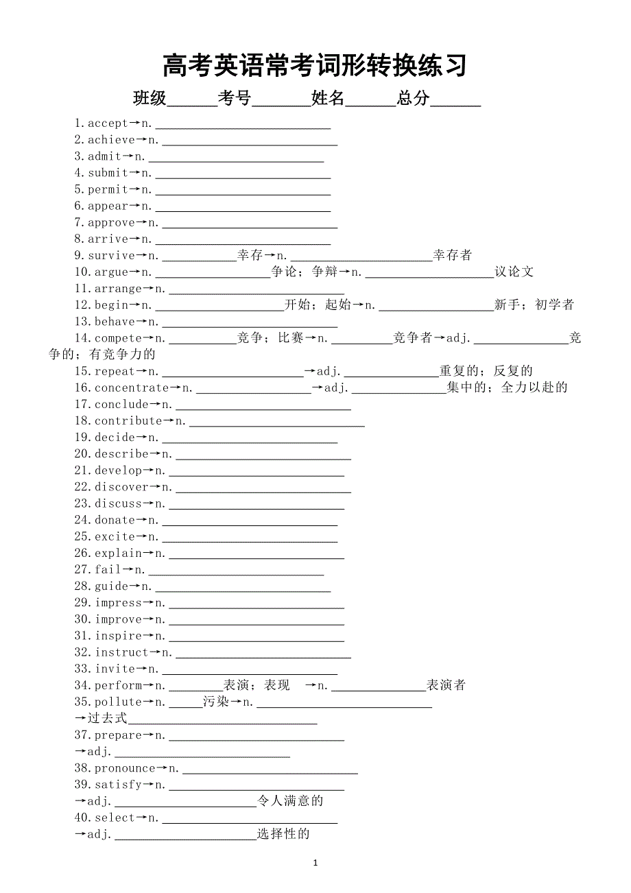 高中英语2025届高考常考词形转换练习（共159个）_第1页