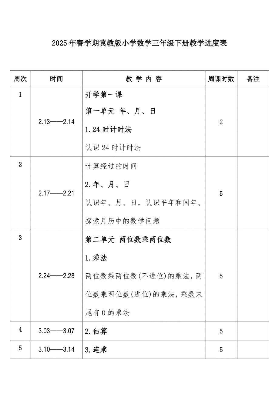 2025年春学期冀教版小学数学三年级下册教学进度表1_第1页