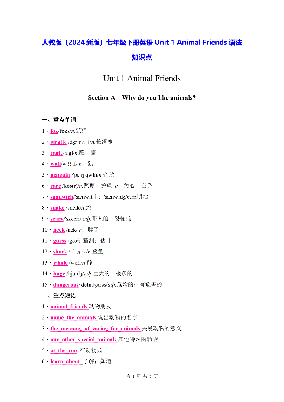人教版（2024新版）七年级下册英语Unit 1 Animal Friends语法知识点_第1页