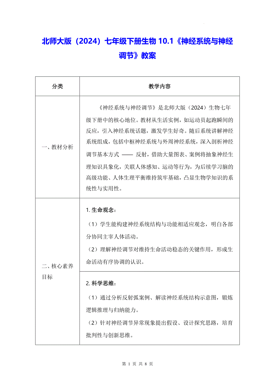 北师大版（2024）七年级下册生物10.1《神经系统与神经调节》教案_第1页