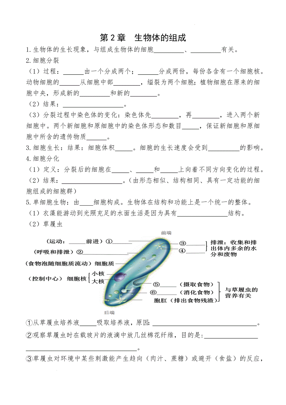 【生 物】苏教版生物七年级上册第一章生物体的组成知识点填空_第1页