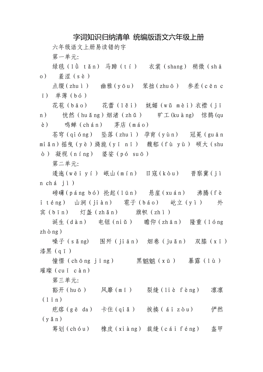 字词知识归纳清单 统编版语文六年级上册_第1页