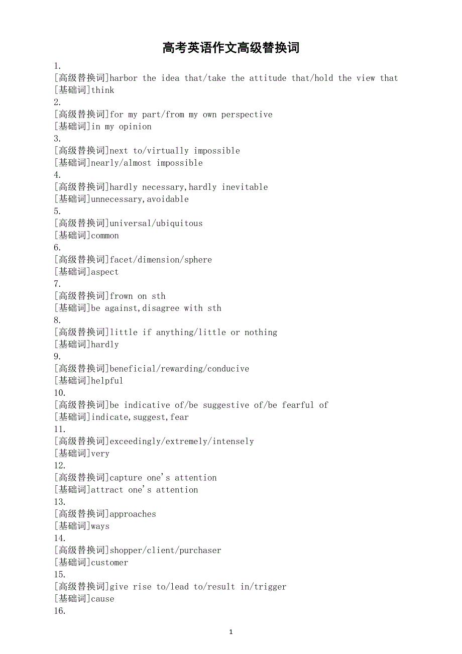 高中英语2025届高考作文高级替换词（共101个）_第1页