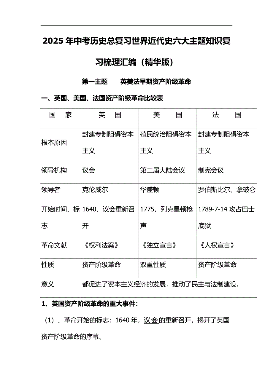 2025年中考历史总复习世界近代史六大主题知识复习梳理汇编（精华版）_第1页