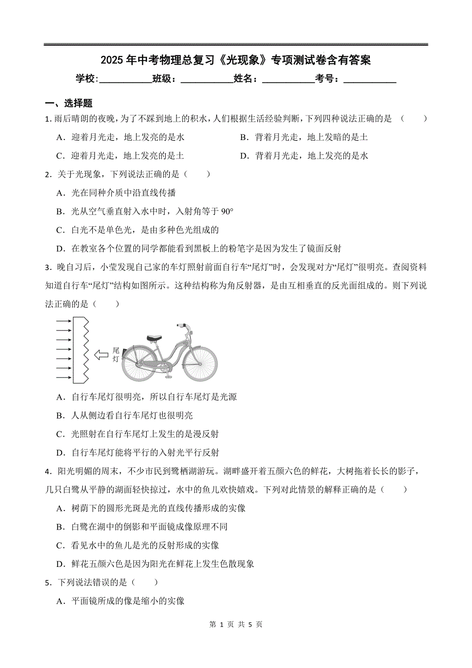 2025年中考物理总复习《光现象》专项测试卷含有答案_第1页