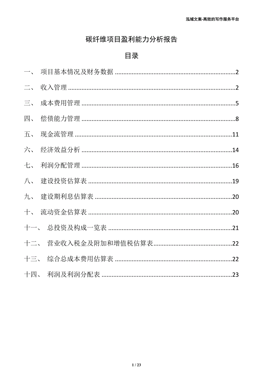碳纤维项目盈利能力分析报告（仅供参考）_第1页